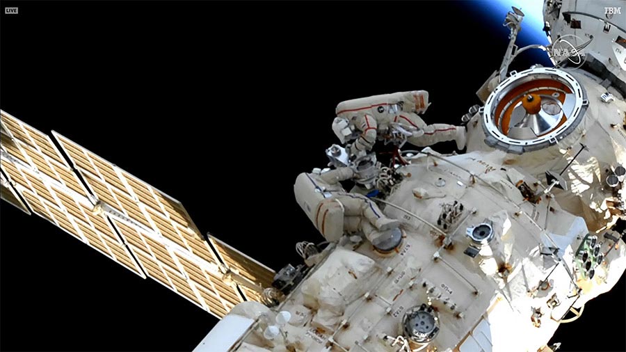 Spacewalkers Oleg Artemyev and Denis Matveev Configure New Robotic Arm