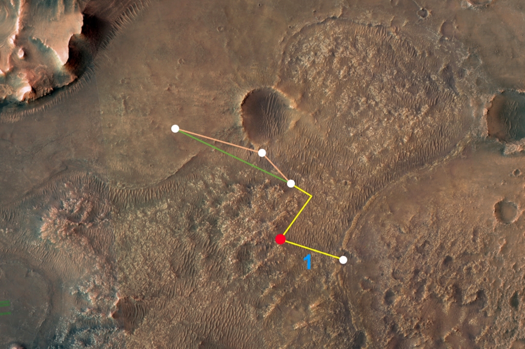 Esta imagen aérea anotada del Mars Exploration Rover (MRO) de la NASA muestra los múltiples vuelos, y dos rutas diferentes, el innovador helicóptero de Marte de la agencia podría llegar al delta del cráter Jezero.