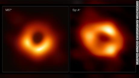 Estos paneles muestran las dos primeras imágenes de un agujero negro.  A la izquierda está el M87*, ya la derecha está el arco A*.