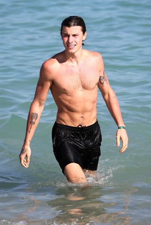 El cantante Shawn Mendes se ve sexy cuando sale del océano durante un día en la playa de Miami.  06 de enero de 2022 Foto: Shawn Mendes.  Crédito de la imagen: MEGA TheMegaAgency.com +1888505 6342 (MEGA818074_001.jpg) [Photo via Mega Agency]
