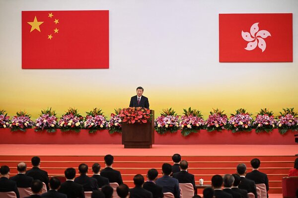 Xi Jinping, China’s leader, giving a speech after Hong Kong’s new leader was sworn in on Friday.