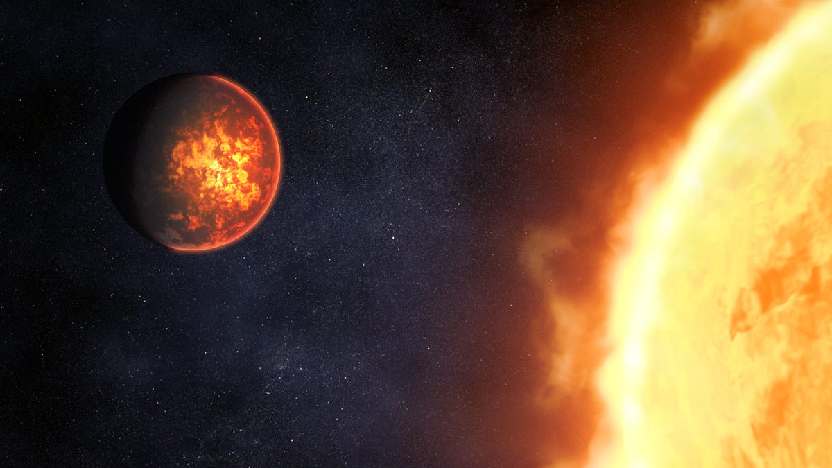 Un exoplaneta cubierto de lava caminando cerca de una estrella anfitriona.