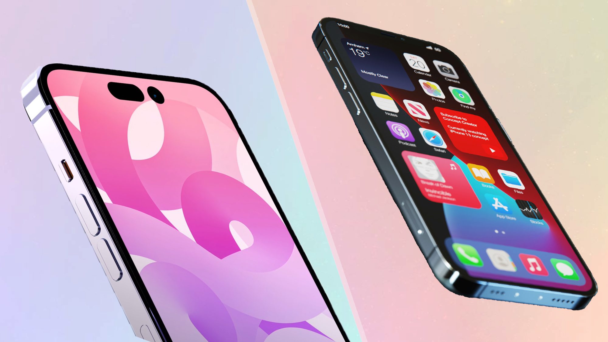 Imagen dividida que muestra el concepto del iPhone 14 Pro y el iPhone sin barreras