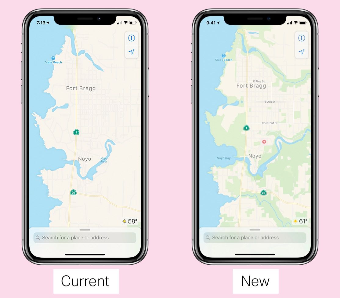 Capturas de pantalla de mi iPhone comparando el antiguo diseño de Apple Maps con el nuevo, que tiene muchos más detalles.