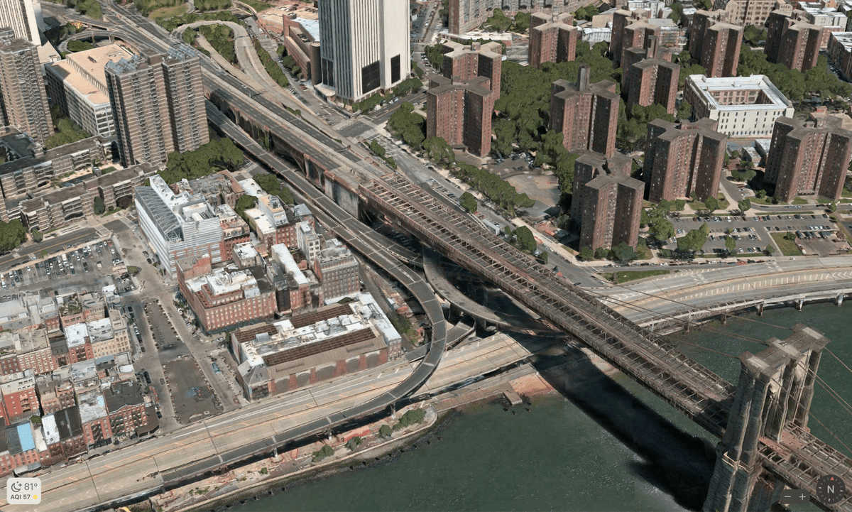El puente de Brooklyn y parte de la ciudad de Nueva York mapeados por Apple Maps.