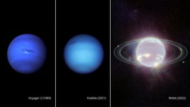 Fotos de lado a lado de Neptuno tomadas por Voyager 2 en 1989, Hubble en 2021 y Webb en 2022.