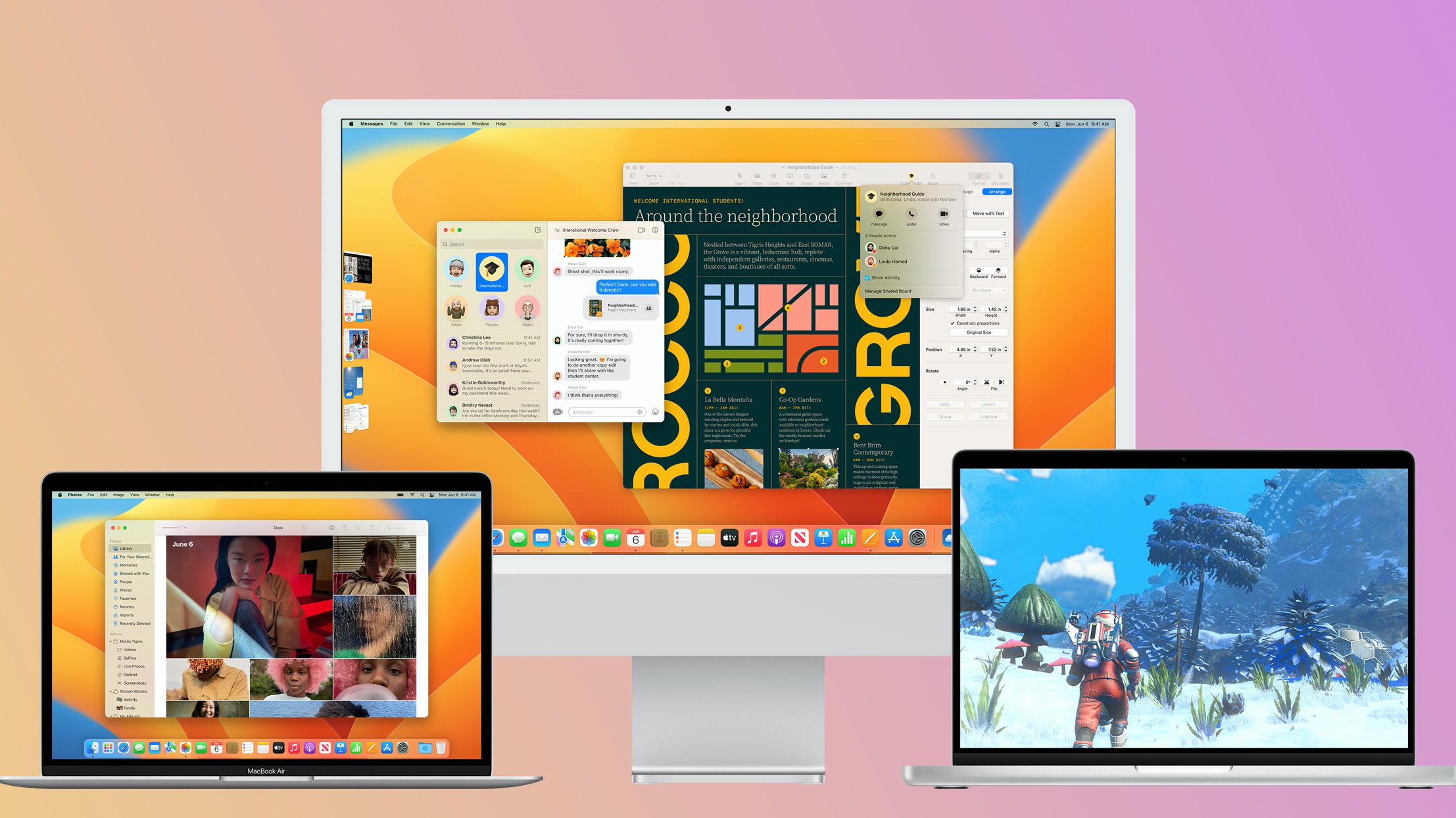 macOS Ventura se ejecuta en Mac Studio Display y dos MacBooks