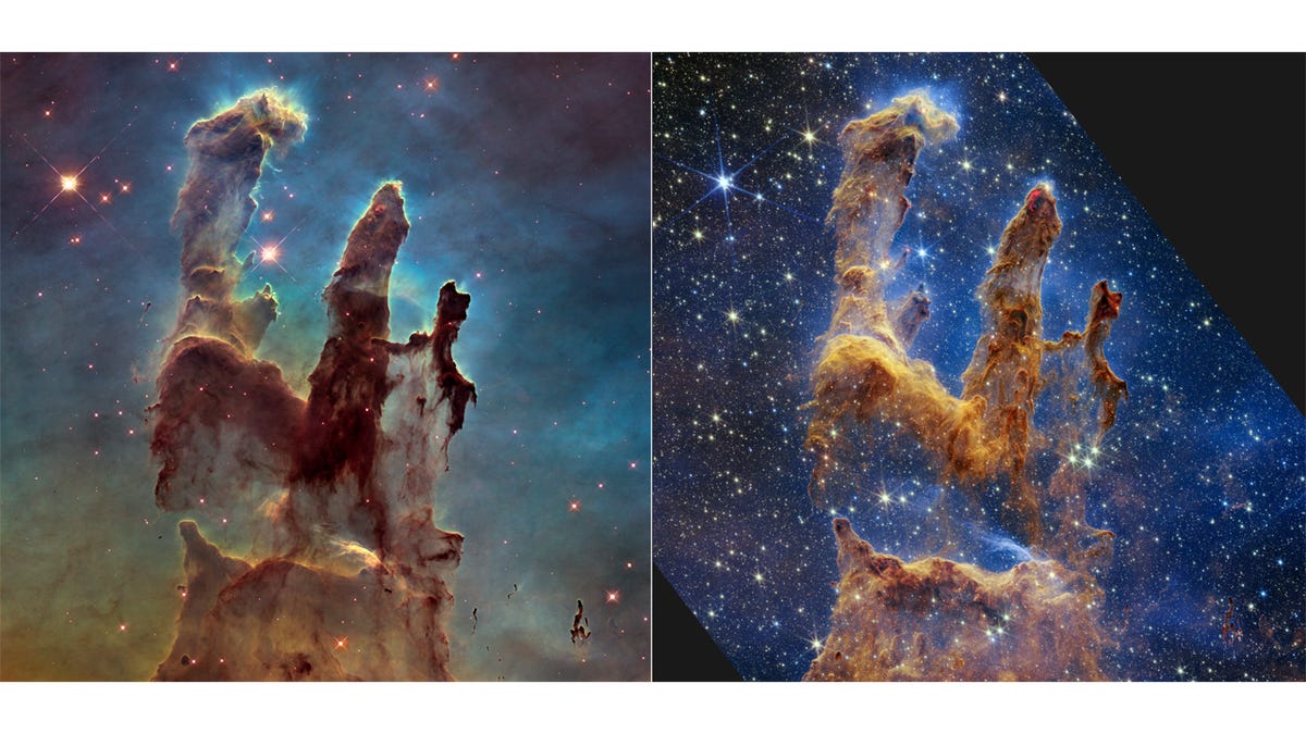 Los Pilares de la Creación vistos por el Telescopio Hubble (izquierda) y el Telescopio Webb (derecha)