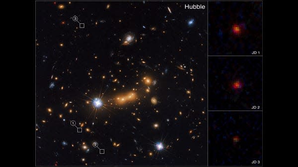 gif comparando imágenes de hubble y jwst del mismo cúmulo de galaxias proyectando nuevas galaxias detrás de él