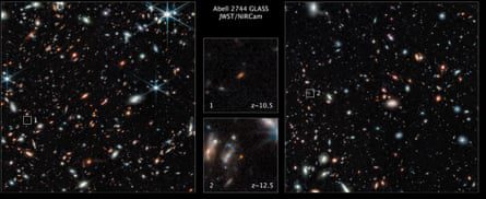 Dos campos de estrellas con cuadros de posicionamiento que muestran las galaxias, con imágenes ampliadas que se pueden arrastrar de las propias galaxias en el centro