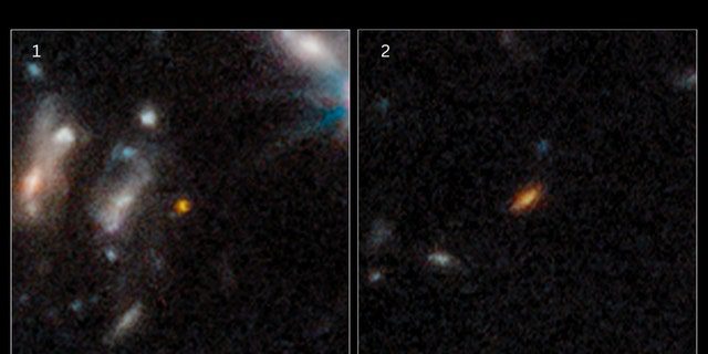 Se cree que estas dos galaxias existieron hace 350 &  450 millones de años después del Big Bang (de izquierda a derecha).  A diferencia de nuestra Vía Láctea, estas primeras galaxias son pequeñas y compactas, con formas esféricas o de disco en lugar de grandes espirales.