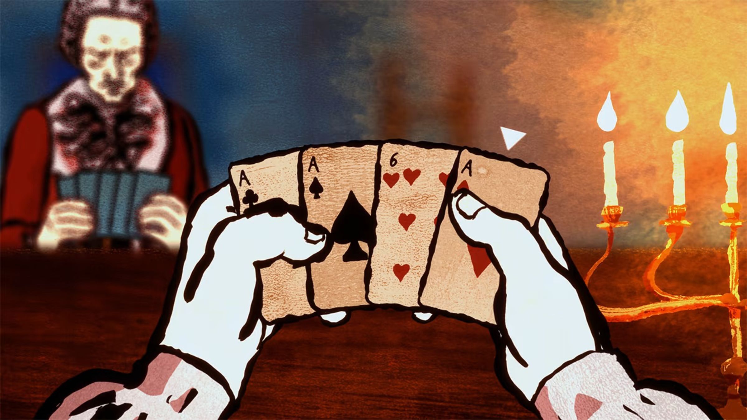 Una vista en primera persona de una carta de cuatro (tres ases y un seis de corazones) con un hombre al otro lado de la mesa.