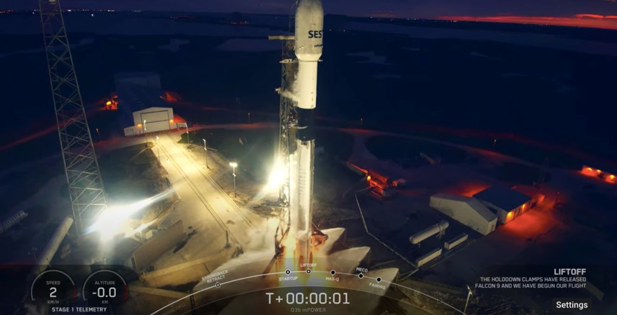 A SpaceX Falcon 9 rocket launches two satellites for the telecom company SES on Dec. 16, 2023.