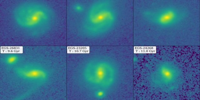 Un montaje de imágenes JWST muestra seis ejemplos de galaxias barradas, dos de las cuales representan los tiempos de recuperación más altos cuantificados y caracterizados hasta la fecha.  Las etiquetas en la parte superior izquierda de cada número muestran el tiempo retrógrado de cada galaxia, que va desde hace 8400 a 11000 millones de años (Gyr), cuando el universo tenía entre un 40 % y un 20 % de su edad actual. 