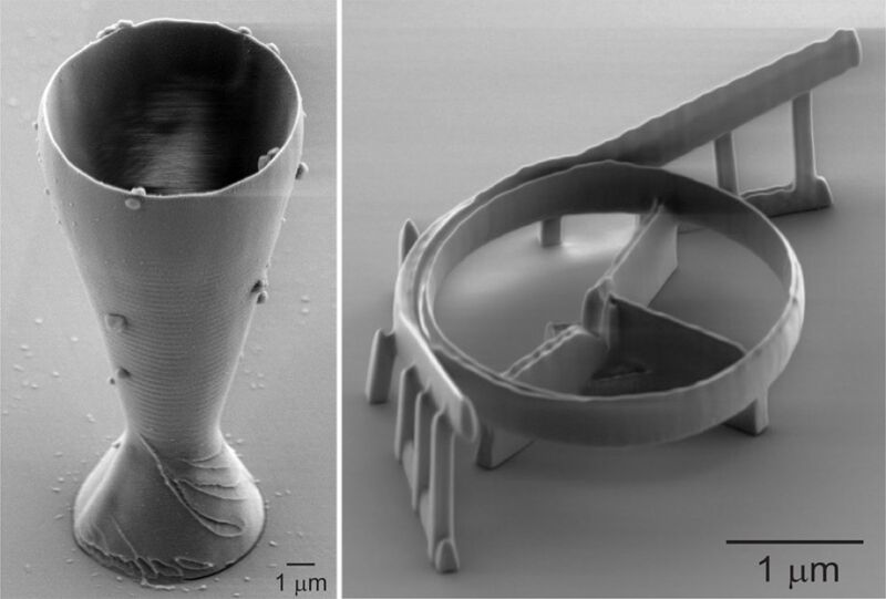 La copa de vino impresa en 3D más pequeña del mundo (izquierda) y un resonador óptico para comunicaciones de fibra óptica