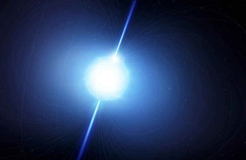 Imagen de una esfera azul brillante sobre un fondo oscuro, con ondas de luz que emanan de dos polos.