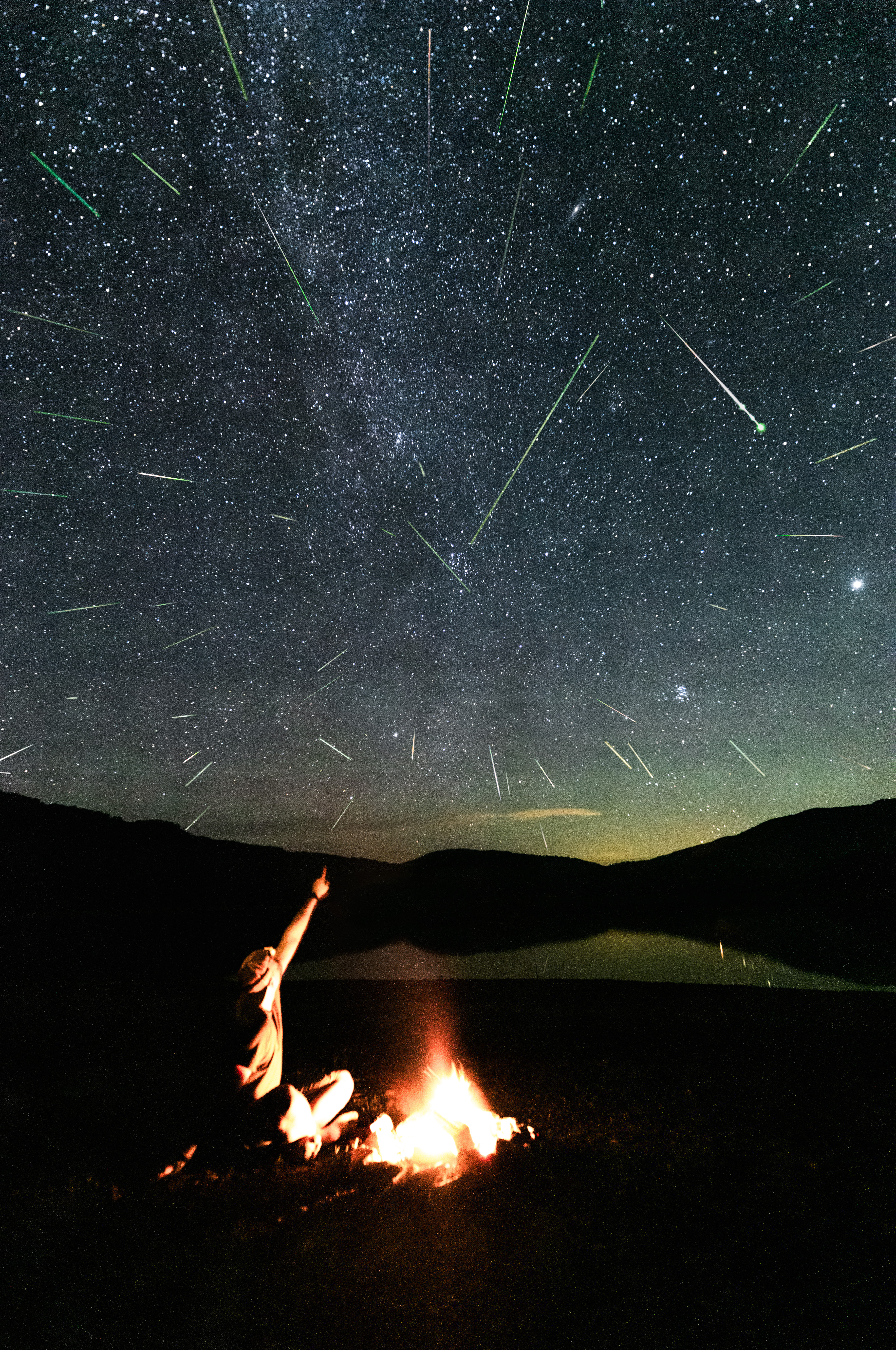Se representa una lluvia de meteoritos contra un cielo estrellado y un primer plano panorámico