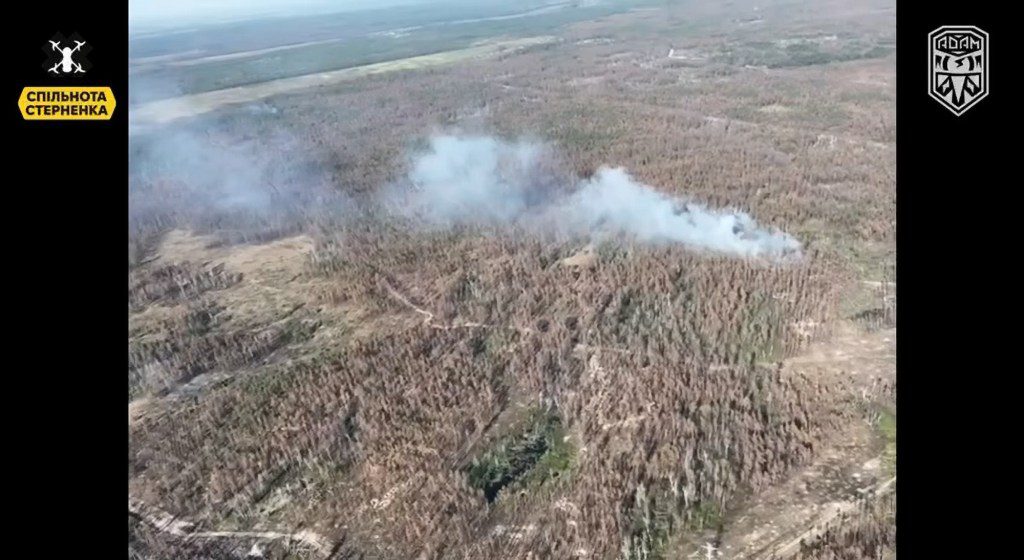 Imágenes aéreas muestran una columna de humo que se eleva desde el bosque en la región de Luhansk después del ataque con drones.