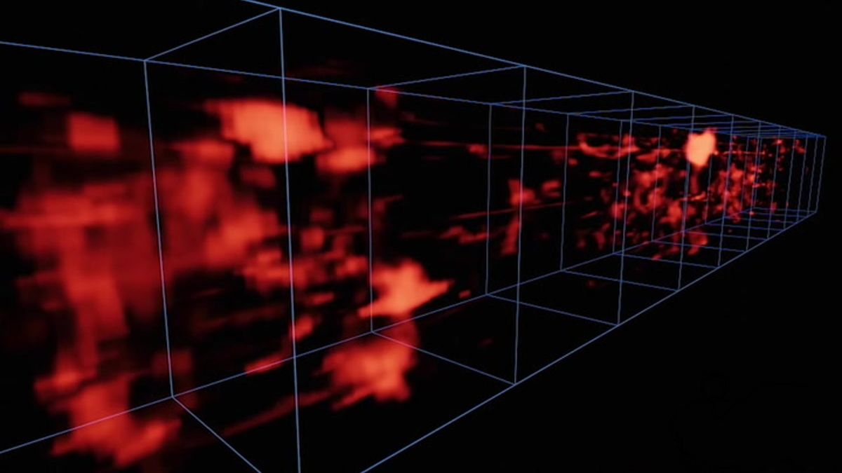 clouds of red light fill a series of cubes superimposed in space