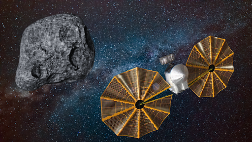 An illustration of the Lucy spacecraft and an asteroid against a bluish, starry snippet of space.