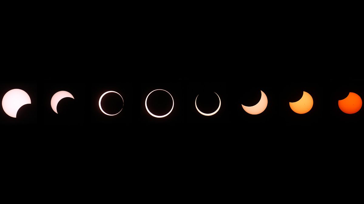 eight stages of an annular solar eclipse showing the moon taking a larger and larger "bite" out of the sun with the "ring of fire" in the center. The sun turn