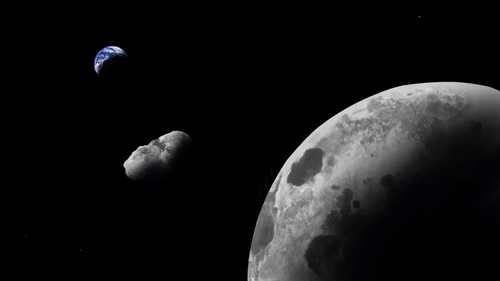 An artist impression of Earth quasi-satellite Kamo`oalewa near the Earth-Moon system.