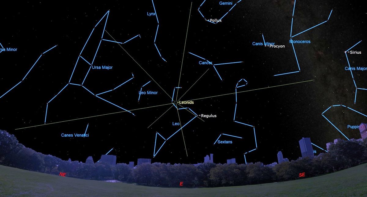 a wide view of the night sky shows many outlined constellations, with protruding lines indicating the Leonids meteor shower