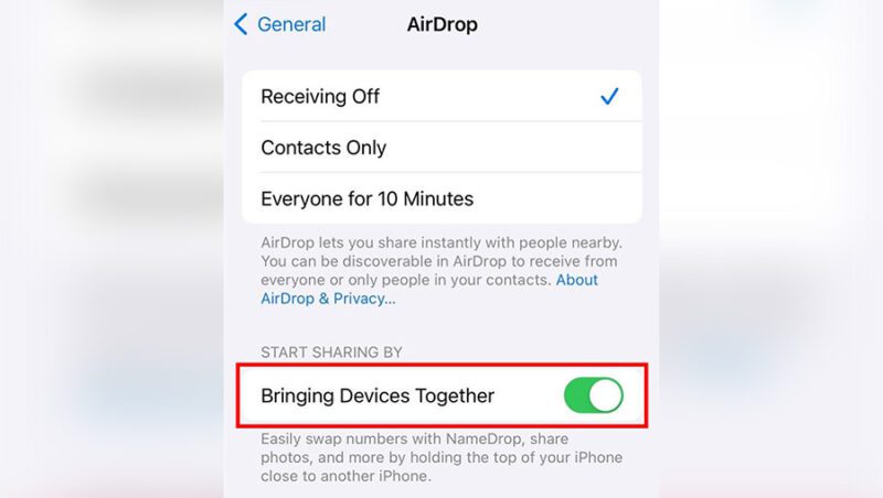 Configuración de AirDrop En su iPhone de Apple, NameDrop aparece habilitado.  (KSL TV)