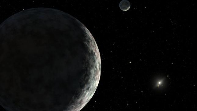 three notable celestial bodies are seen as lit crescents, one in the foreground takes up half the image, the second is much smaller at the top, with a shining third near the bottom right as the first two