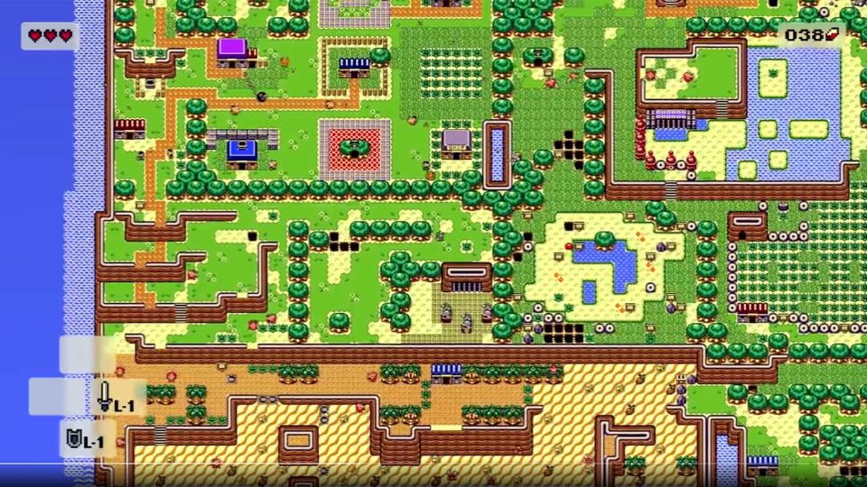 Una nueva versión de The Legend of Zelda: Link's Awakening hecha por fans, que muestra la mayor parte de la parte suroeste de la isla Koholint mientras Link deambula.  Los gráficos en color de la Game Boy de 1990 se han reducido más allá de lo que admite esta consola.