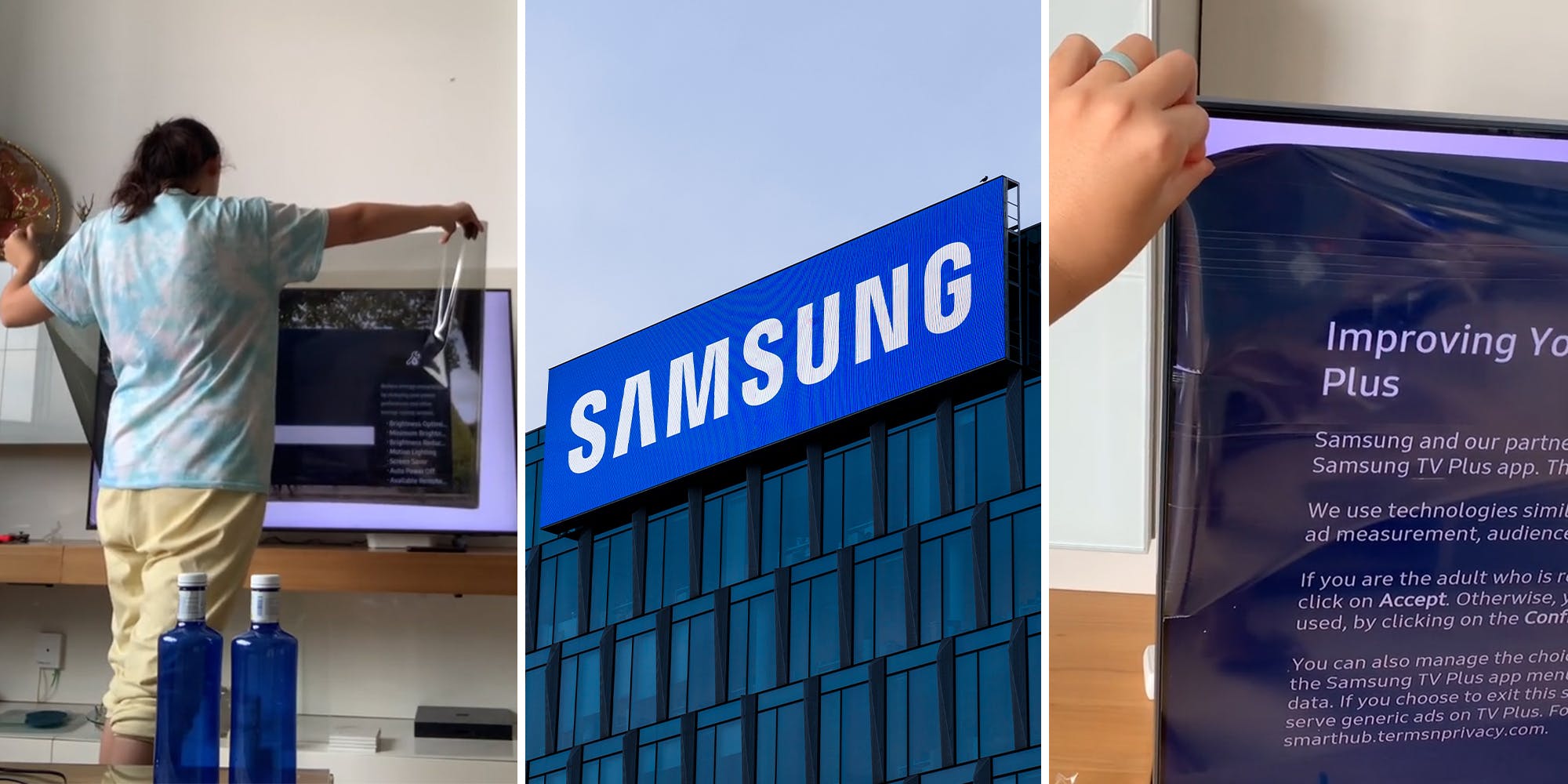 Una mujer quita el protector de pantalla de un televisor Samsung.  era la pantalla