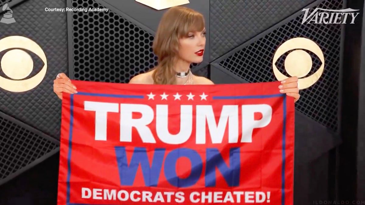 A video purportedly showed Taylor Swift holding up a flag on the red carpet at the 2024 Grammy Awards that said Trump won and Democrats cheated.