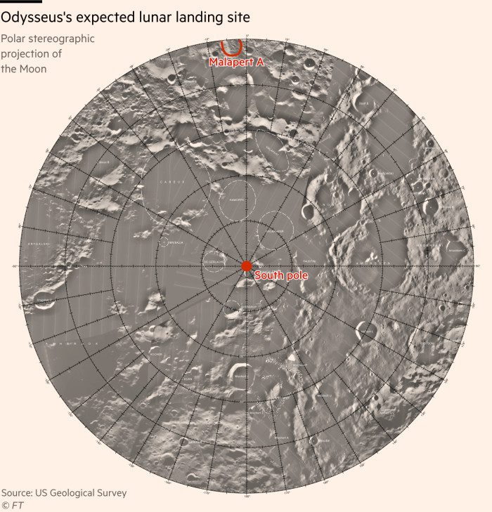 Imagen de la Luna centrada en el Polo Sur que muestra la ubicación de Malapert A