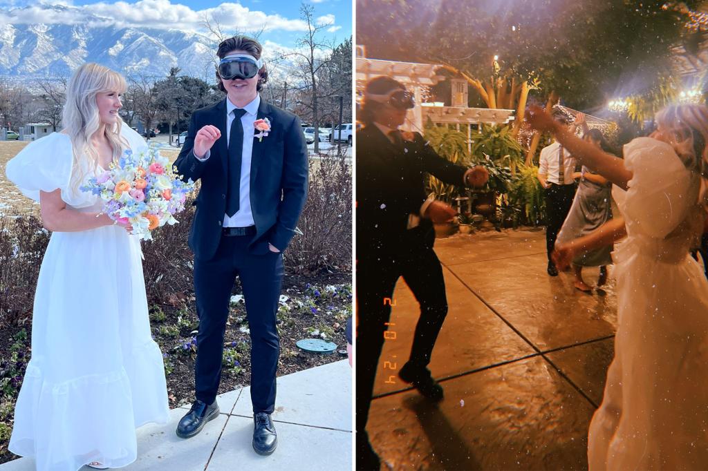 El novio de California Jacob Wright usa un Apple Vision Pro en la boda, acercándose sigilosamente a su esposa Cambri