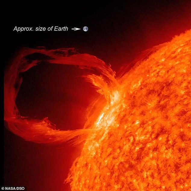 Las prominencias solares también son masivas y pueden tener diez veces el diámetro de la Tierra o más.